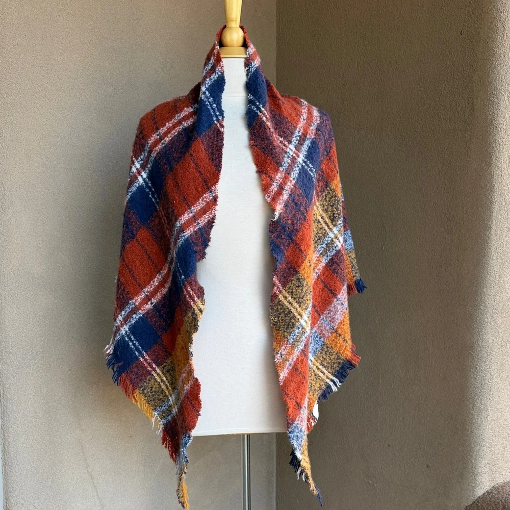Plaid Fringe Shawl/Blanket scarf in earth tone rust, navy and gold